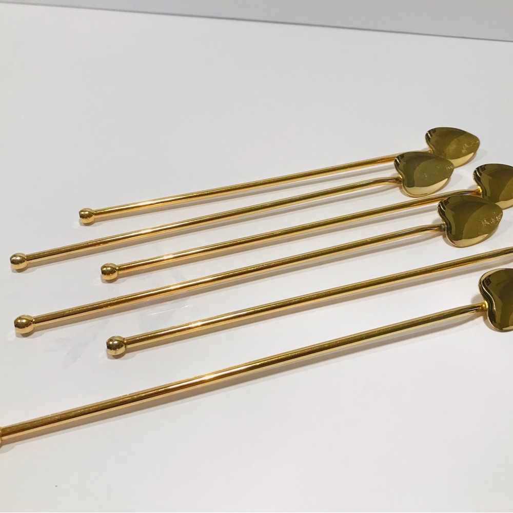 Vintage PM Italy Gold Plated Heart Shape Cocktail Straw Spoons Set of 6